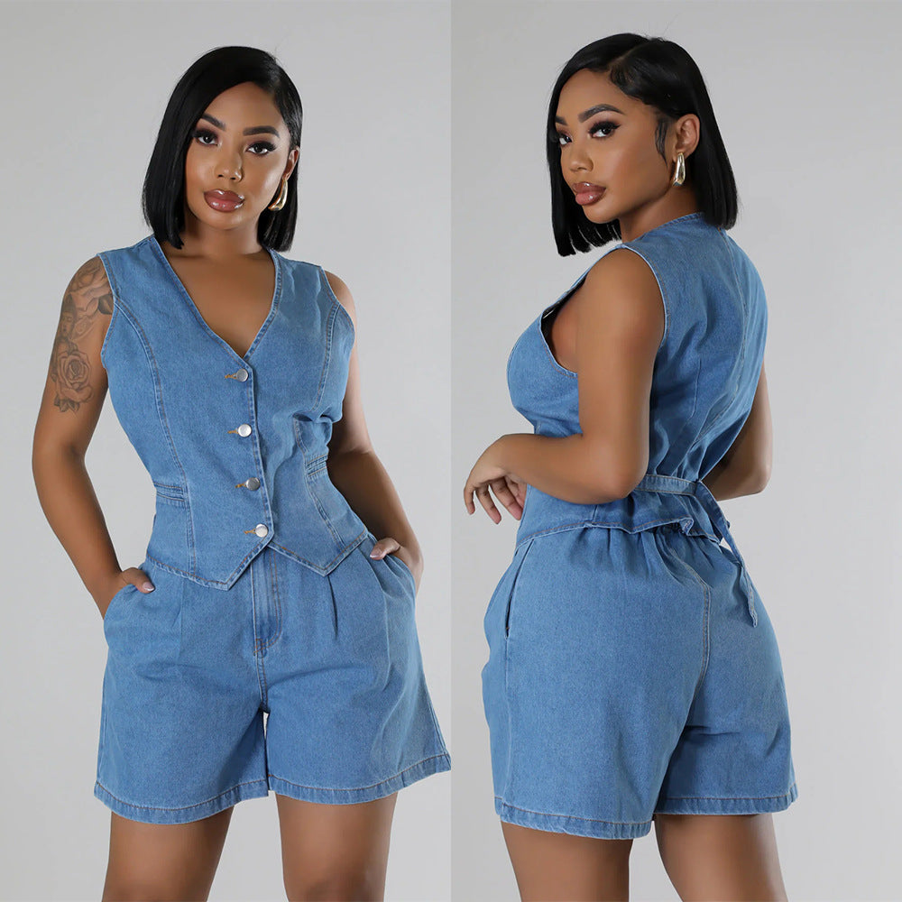 Short denim shorts with no sleeves and a high waist