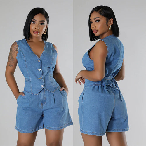 Short denim shorts with no sleeves and a high waist