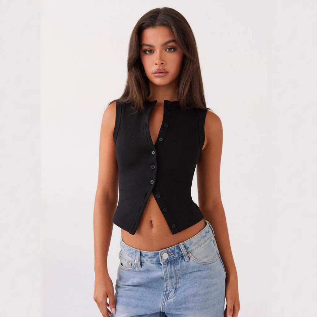 Women's Slim-fit Sleeveless Round Neck Button Vest