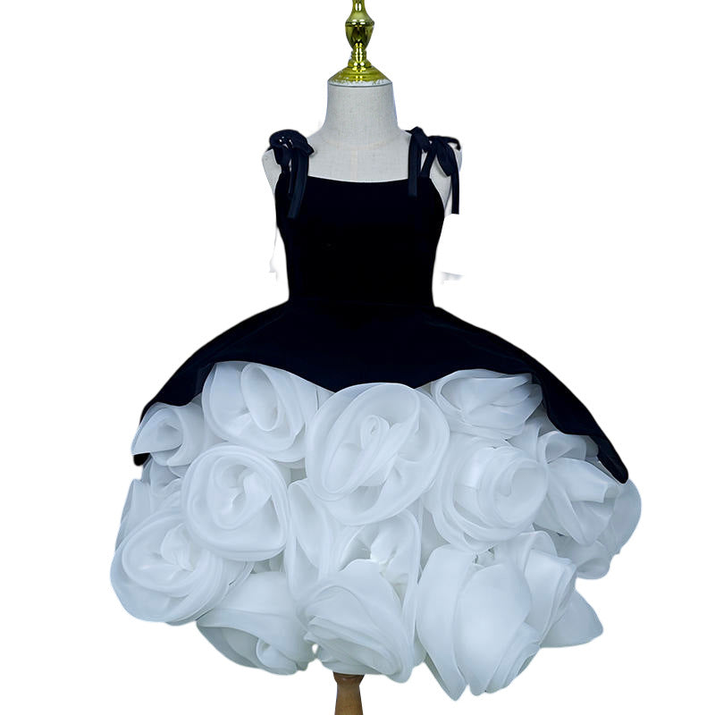 Girl's Black Princess Dress with 3D Flowers