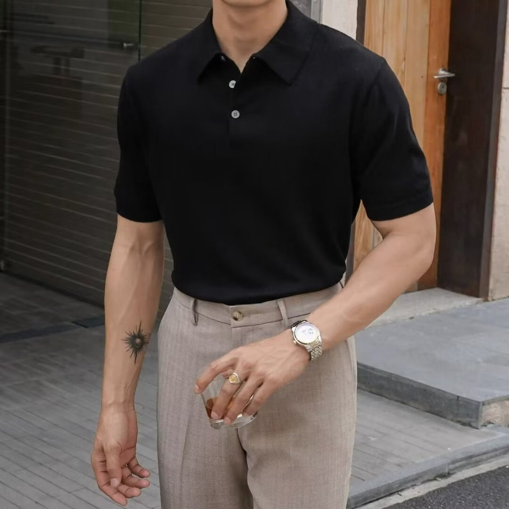 Fashion Casual Lapel Pure Color Polo Shirt Casual Knitted Short-Sleeved Men's Summer New Breathable Trendy Men's T-Shirt