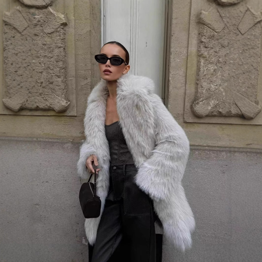 Women's Faux Fur Mid-Length Coat with Extended Collar