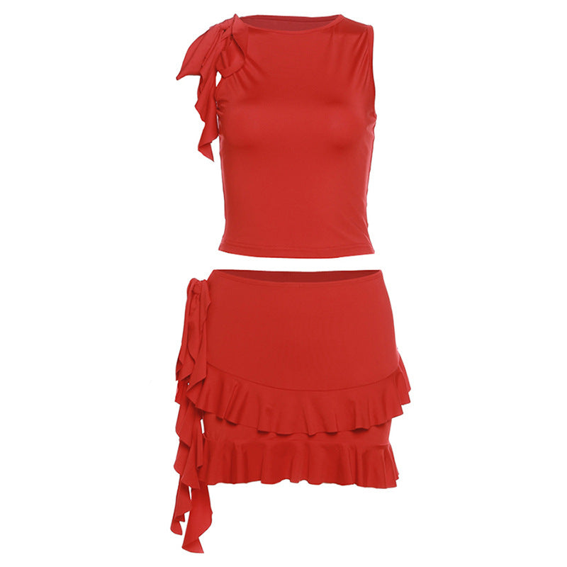 Sleeveless Round Neck Ruffle Trim Set