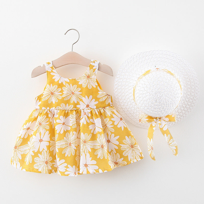 Girls' Summer Sleeveless Bow Dress with Hat