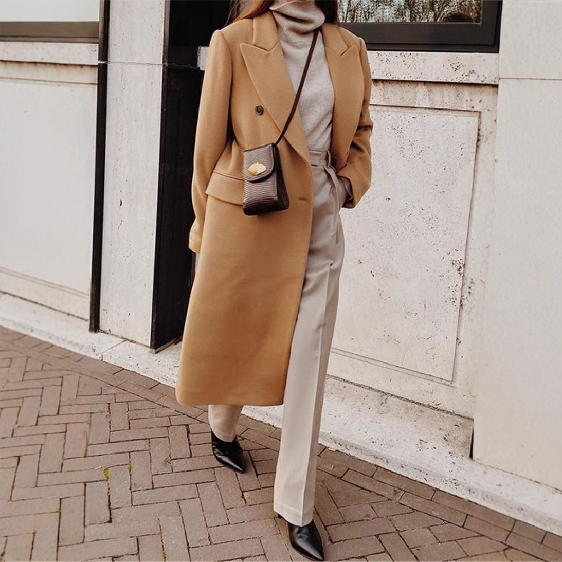 Two-color long-sleeved woolen coat