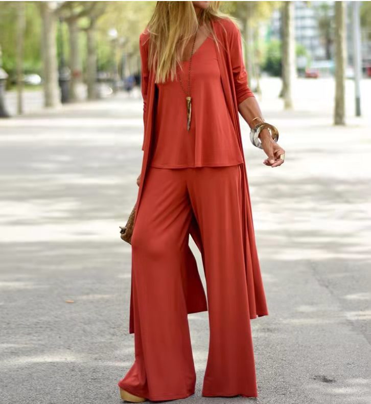 Women's Loose Fit Three-Piece Set - Camisole, Long Cardigan, and Straight-Leg Trousers