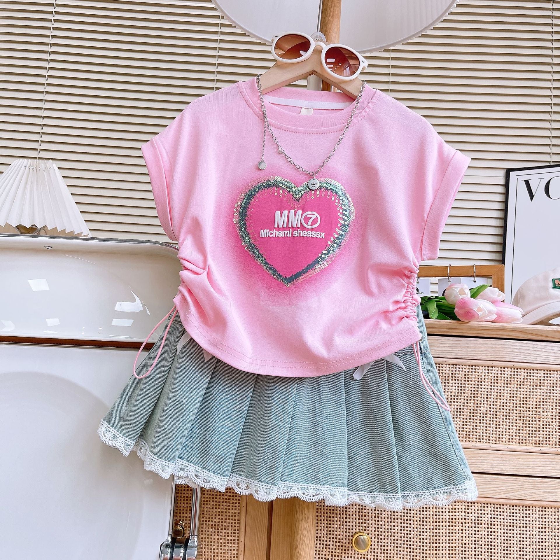 Girls' Sequins Denim Skirt Set with Lace Trim