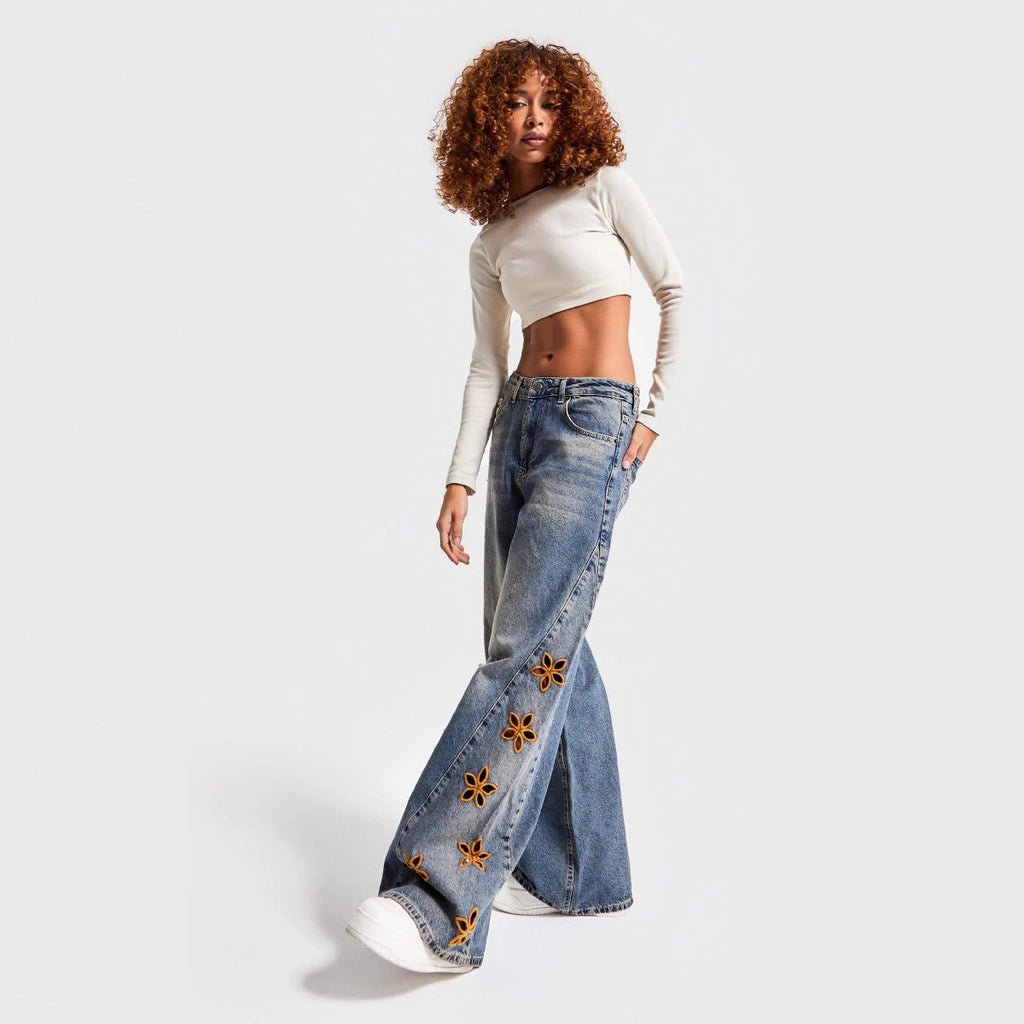 Embroidered High-Waisted Loose Denim Jeans