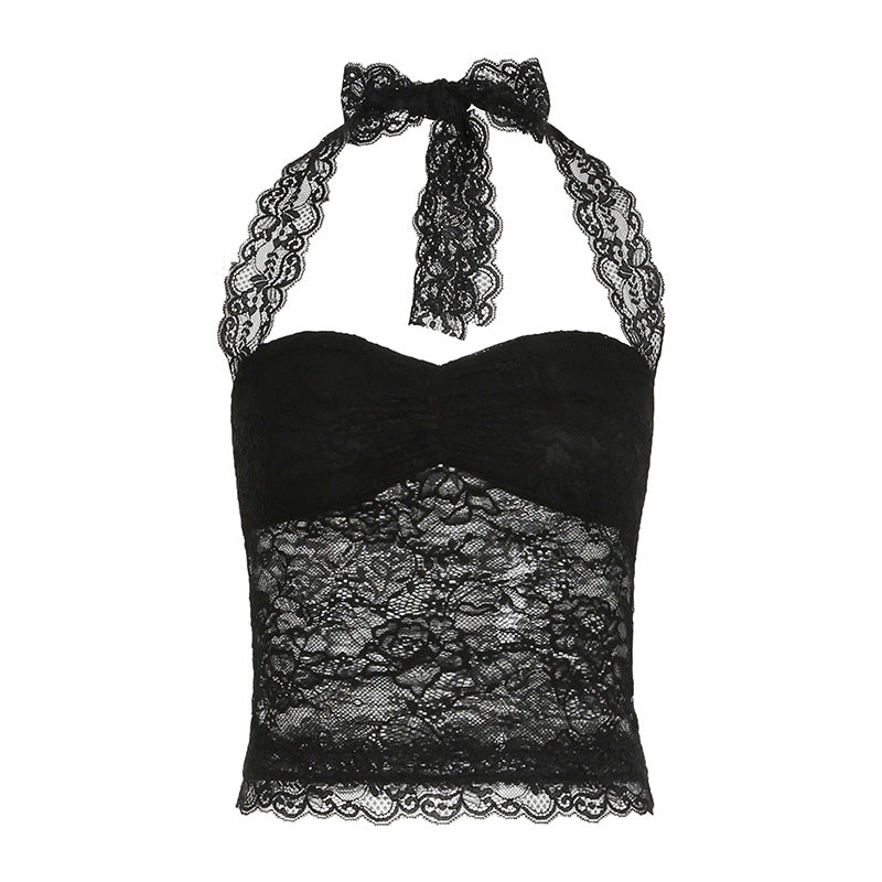 Lace Stitching Slim-fit Halter Neck Top