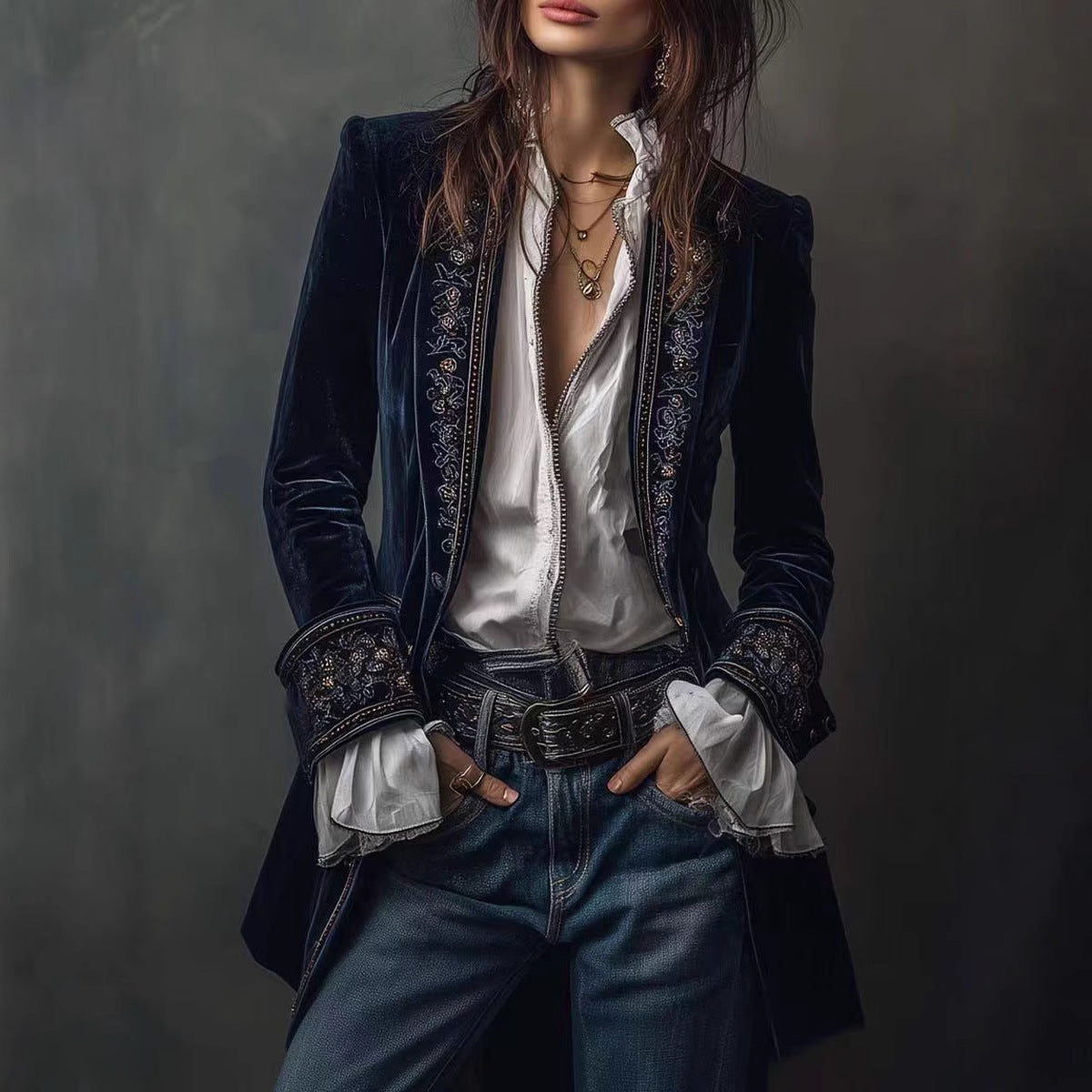 Long Sleeve Solid Color Patchwork Gold Velvet Jacket