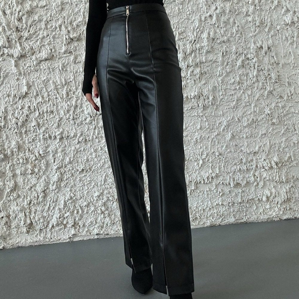 Womens High Waisted PU Leather Wide Leg Pants