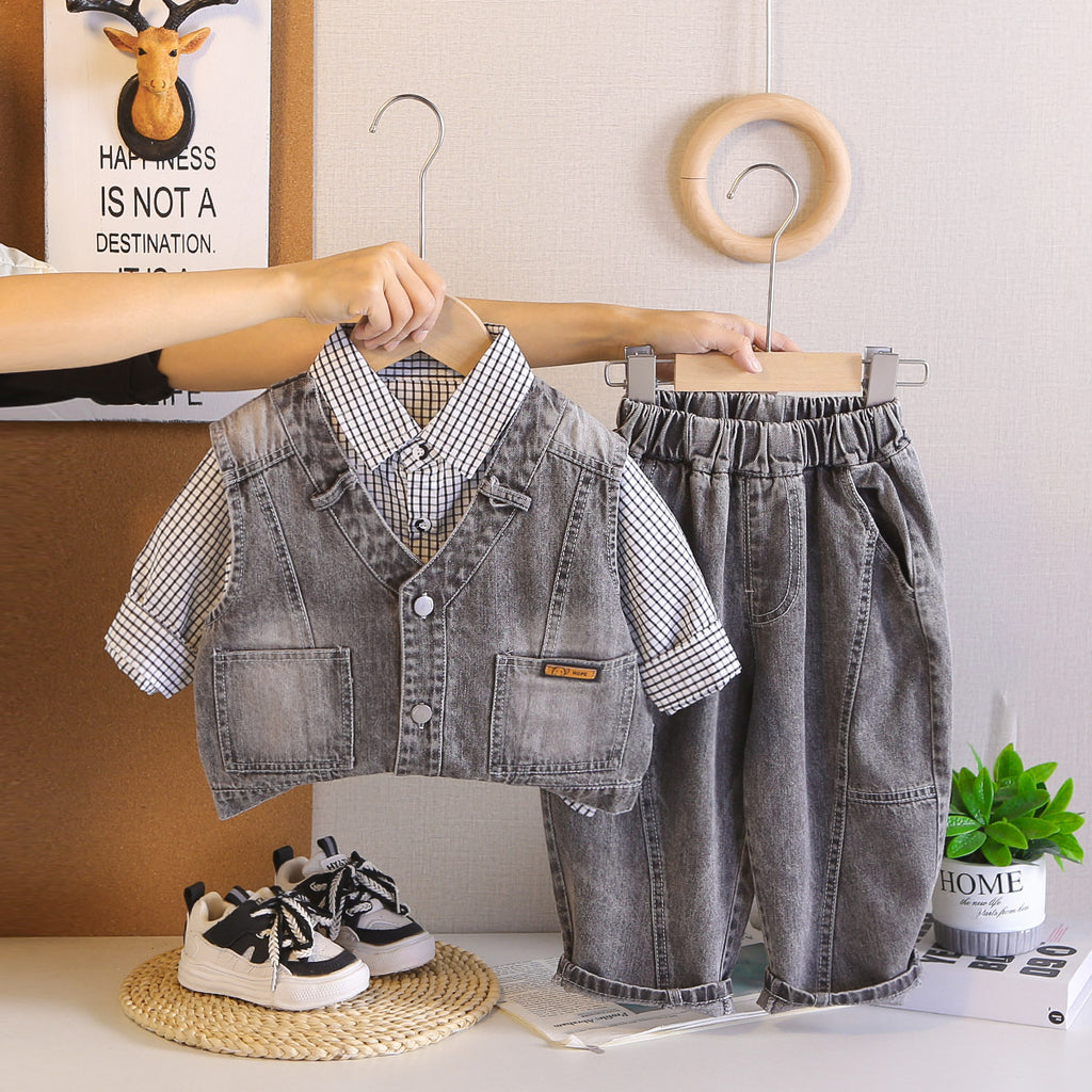 Boys' Plaid Shirt Denim Vest Three-Piece Set