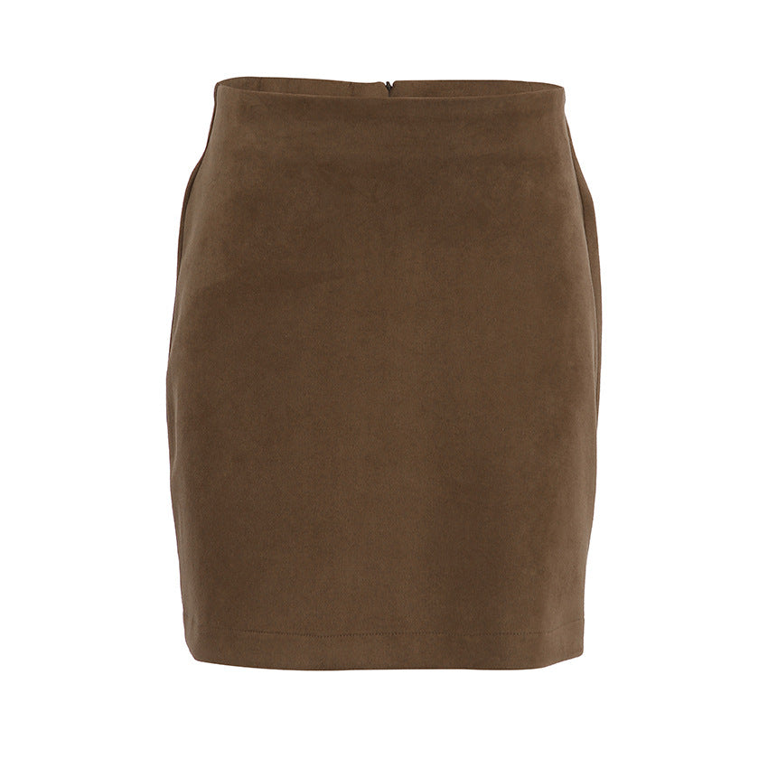 Vintage Brown Knitted Suede High Waist Straight Skirt