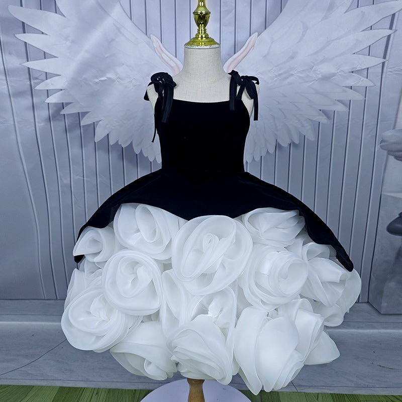 Girl's Black Princess Dress with 3D Flowers