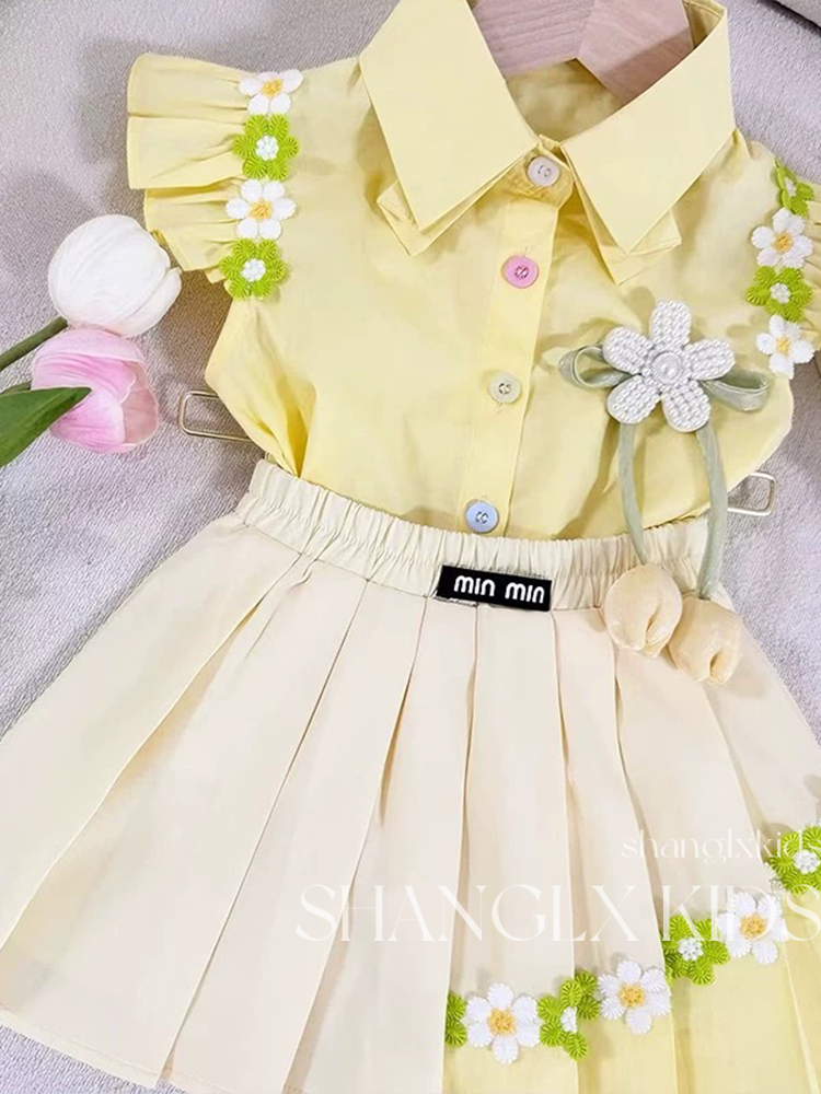 Girls' preppy floral pleated outfit - Two-piece set top and skirt