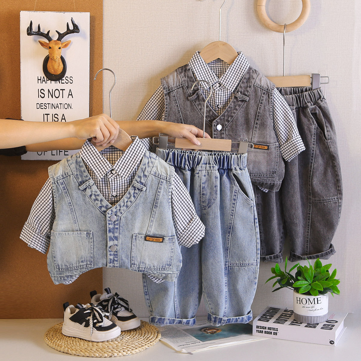 Boys' Plaid Shirt Denim Vest Three-Piece Set