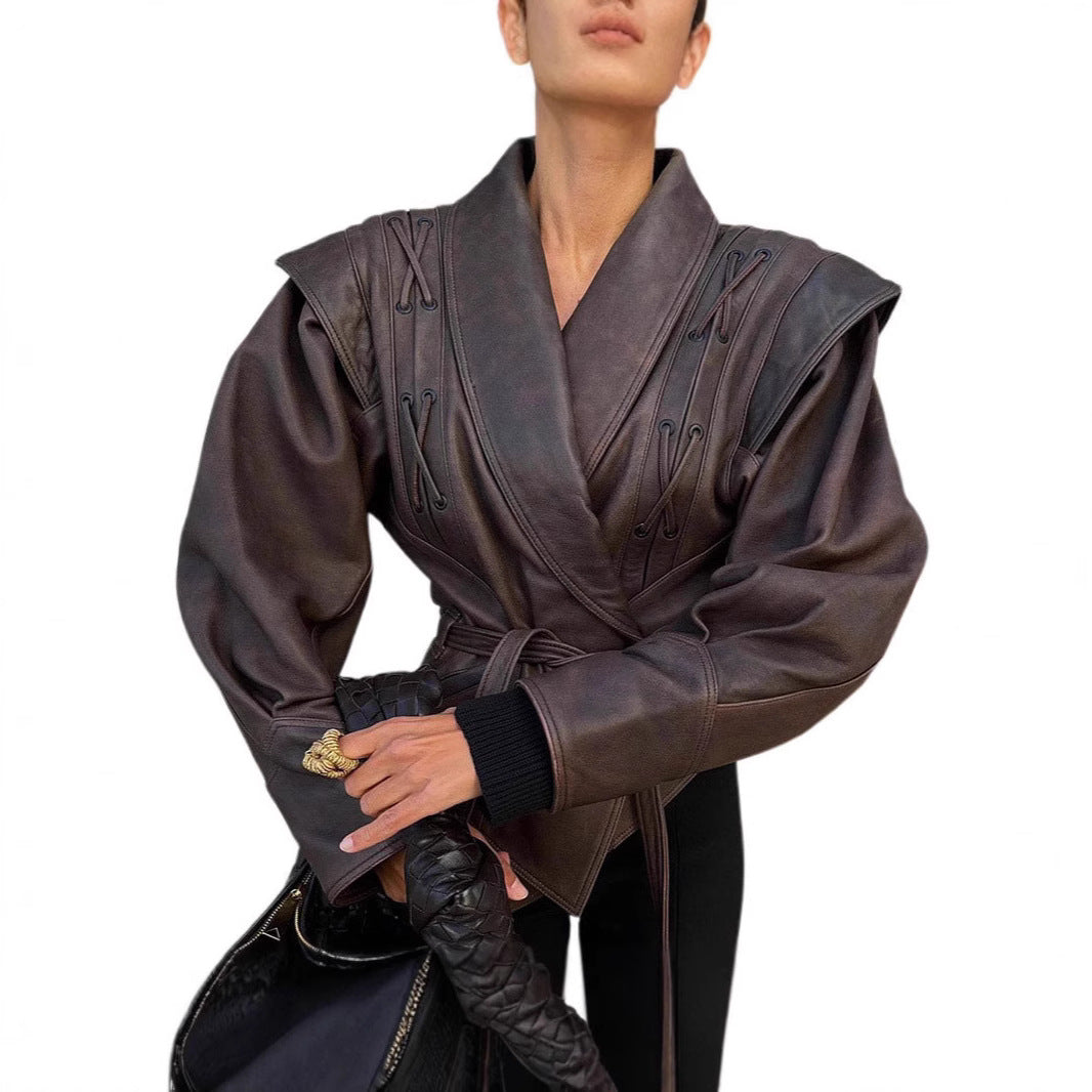 Lace-up short leather jacket coat
