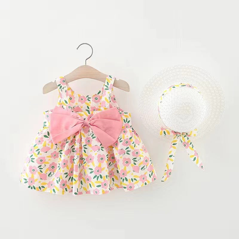 Girls' Summer Sleeveless Bow Dress with Hat