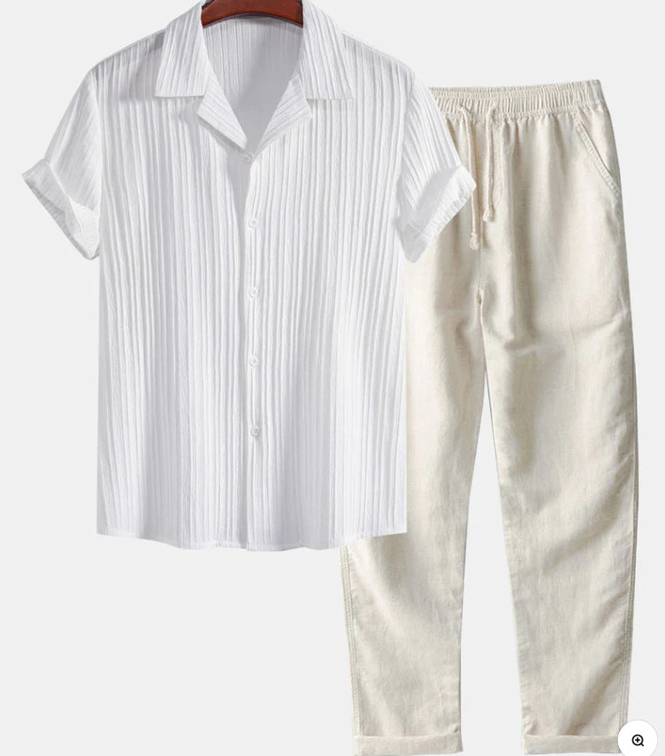 Men's Solid Color Short Sleeve Shirt and Pants Set
