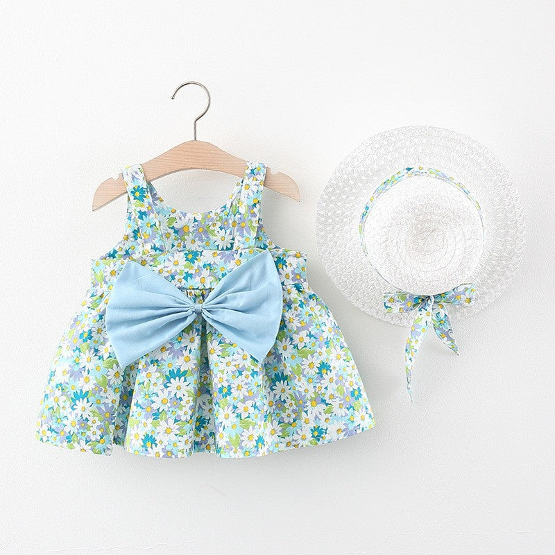 Girls' Summer Sleeveless Bow Dress with Hat