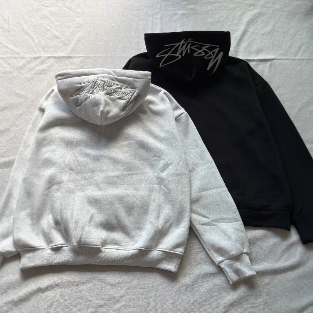 Embroidered Fleece-Lined Hooded Sweater