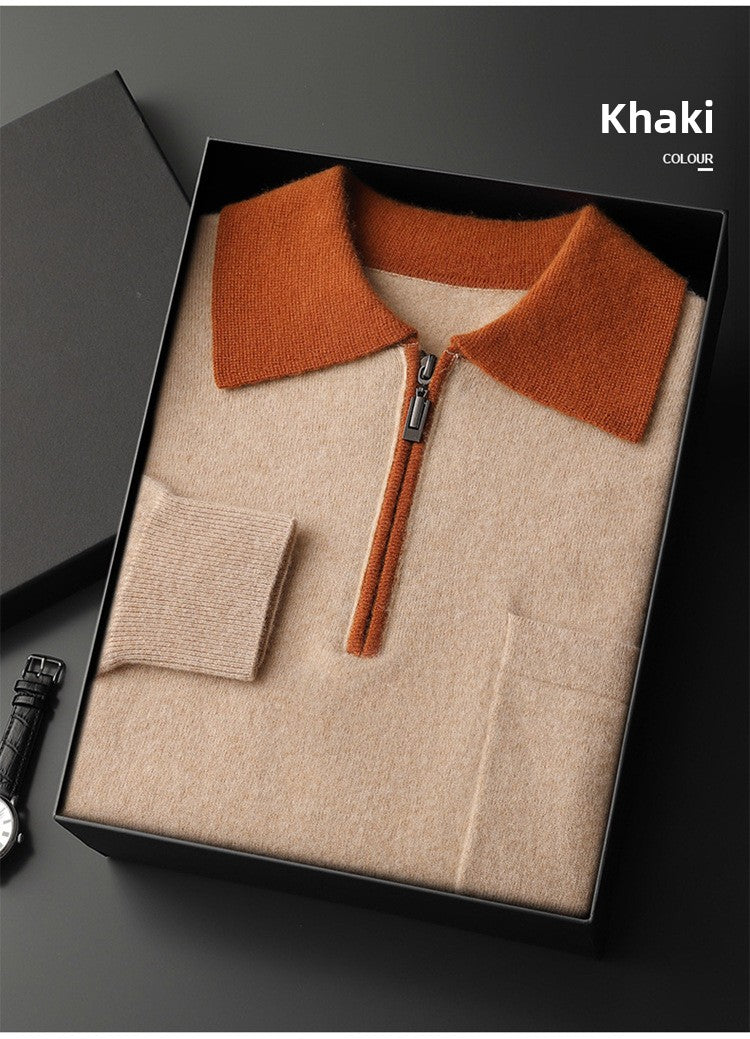 Men's Cashmere Knit Sweater Lapel Collar Long Sleeve