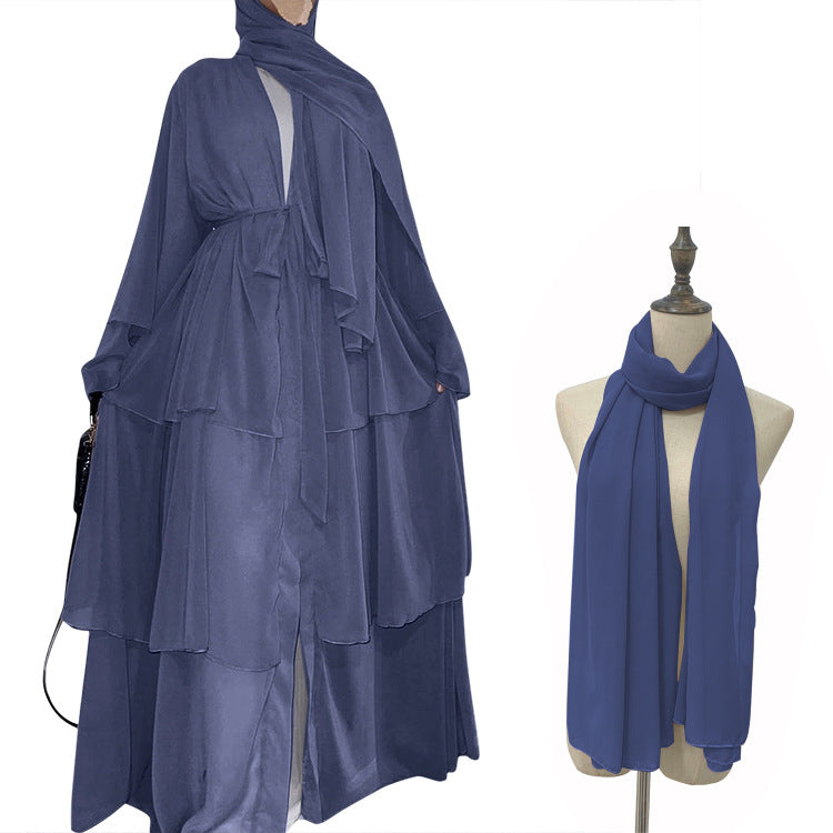 Stitching three-layer chiffon elegant cardigan dress robe
