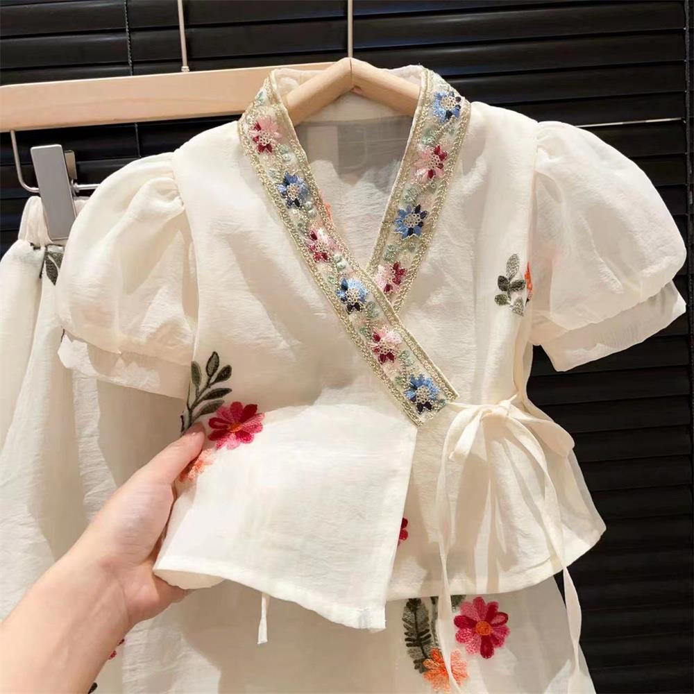 Girls' Vintage Bubble Sleeve Hanfu Two-Piece Set