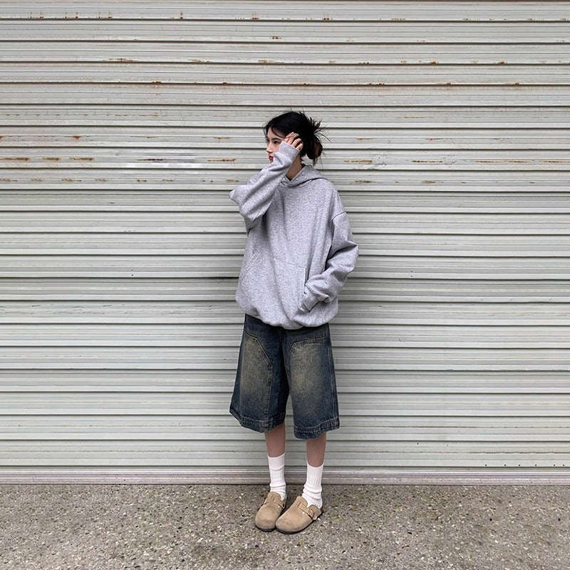 Men's Vintage Blue Washed Denim Shorts Straight Fit Casual Cropped Pants