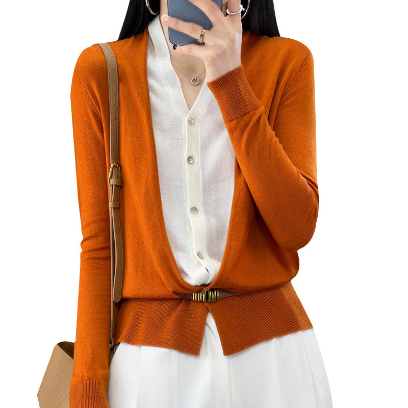 Women's V-neck Two-tone Knit Cardigan