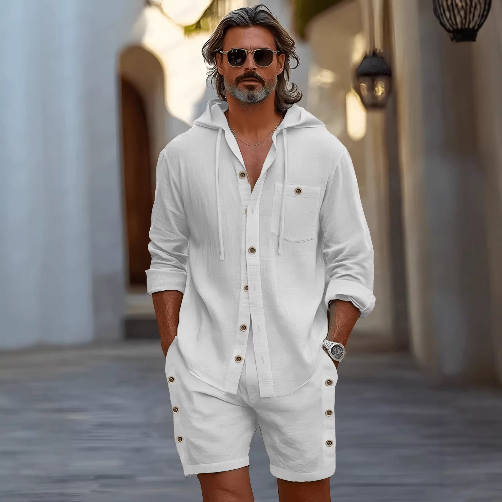Men's Hooded Shirt Shorts Casual Set