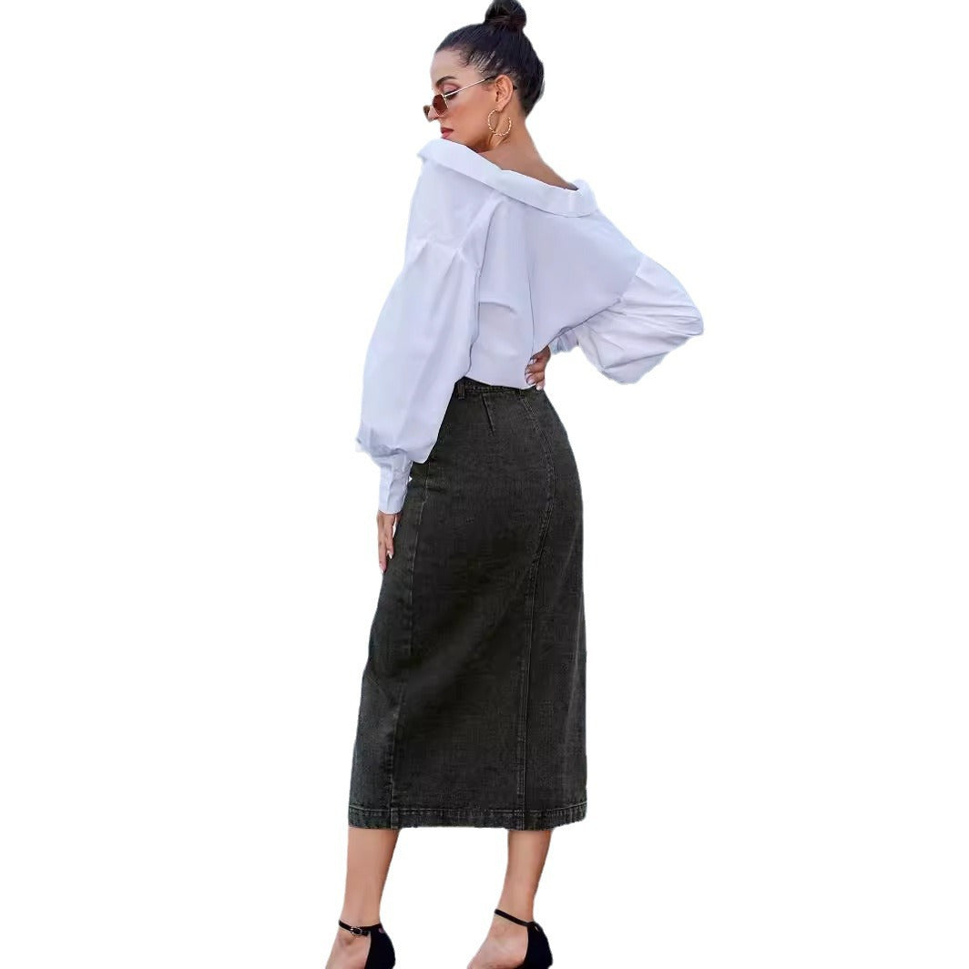 High-waisted split hem denim skirt