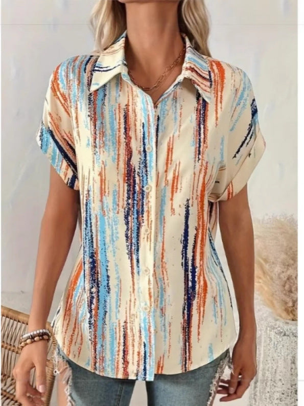 Dragonfly Flower Print Short-Sleeved Shirt