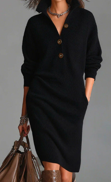 Casual collared loose-fitting mid-length sweater dress