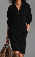 Casual collared loose-fitting mid-length sweater dress