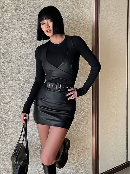 Three-piece set - vest, knitted top, and short skirt