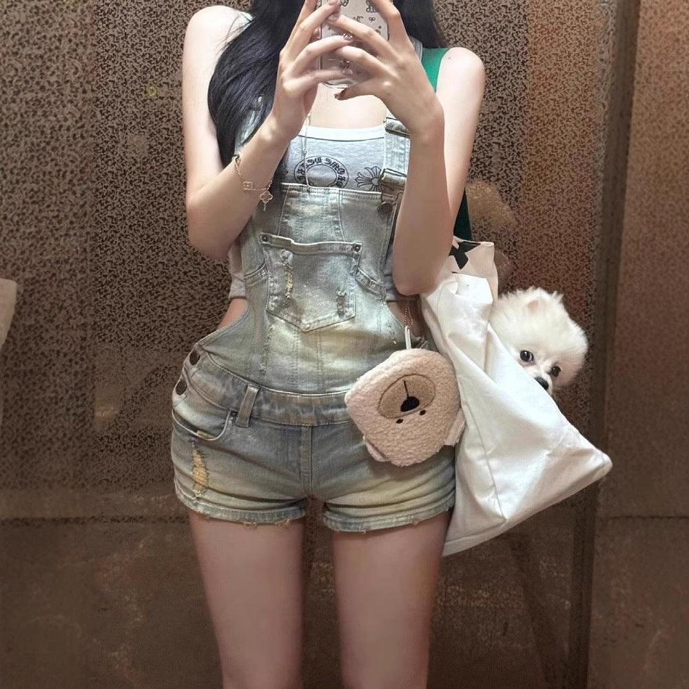 Women's denim overall shorts