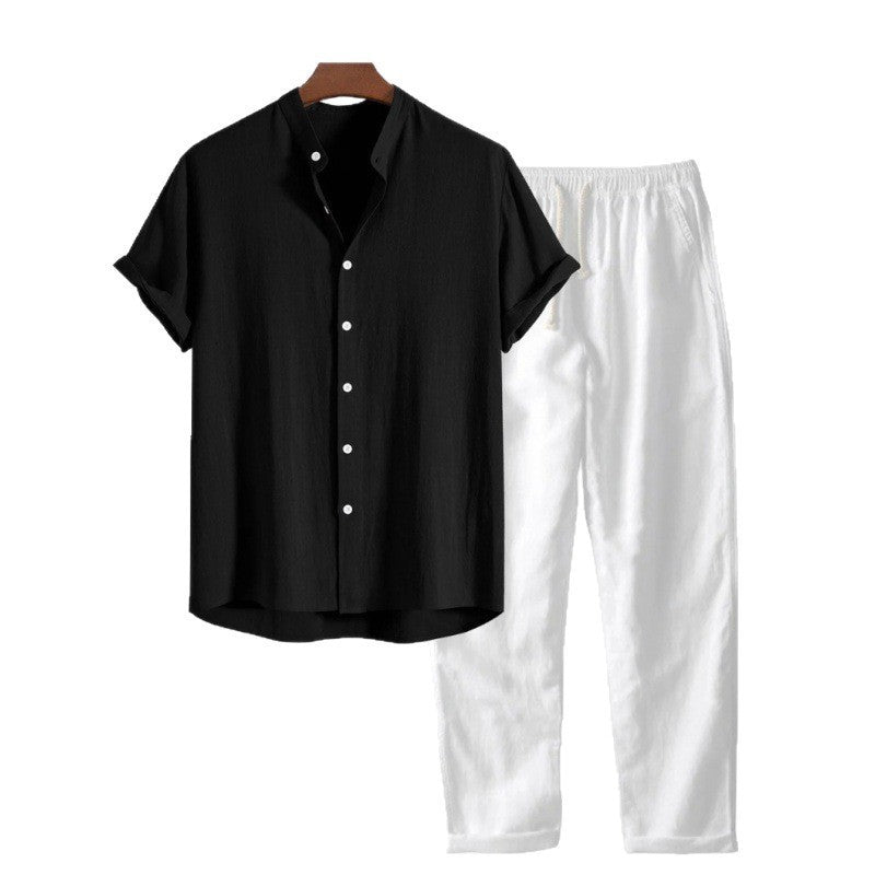 Men's Solid Color Short Sleeve Shirt and Pants Set
