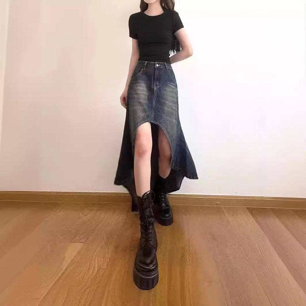 Retro High Waist Fishtail Denim Skirt