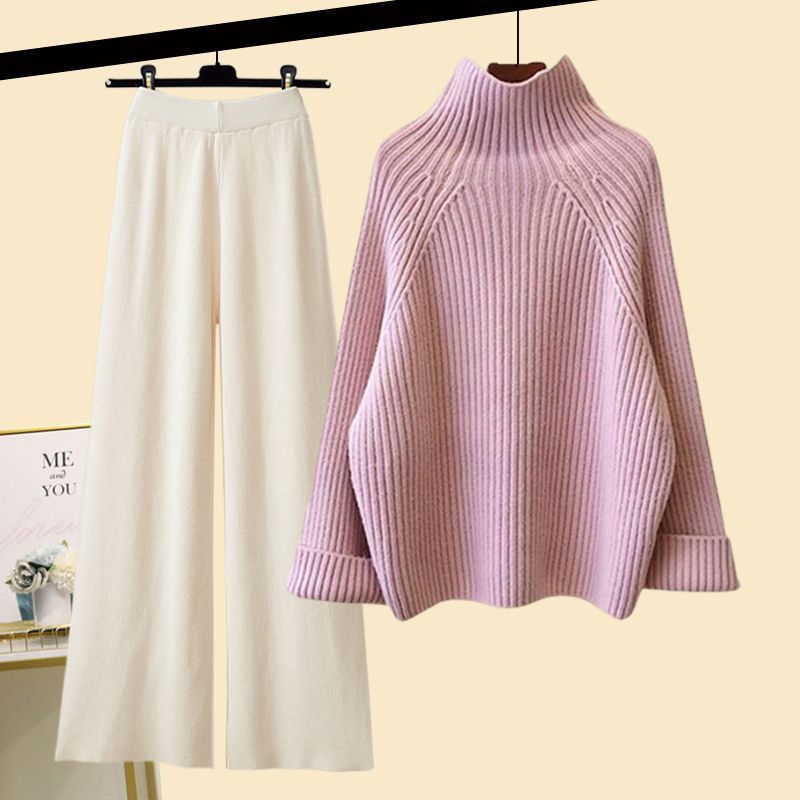 Plus-size women's fall/winter suits - Two-piece set high-neck sweater and wide-leg pants