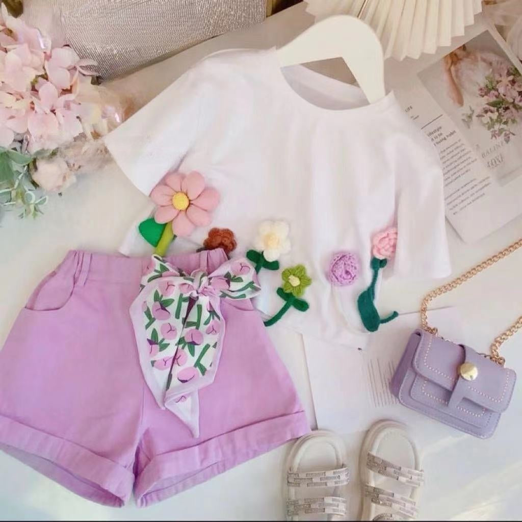 Girls' Floral Short Sleeve and Shorts Two-Piece Set