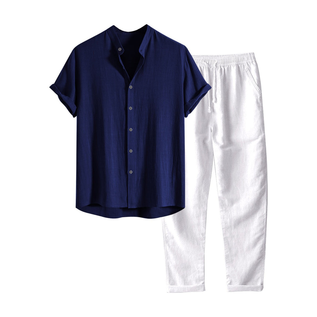 Men's Solid Color Short Sleeve Shirt and Pants Set