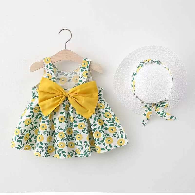 Girls' Summer Sleeveless Bow Dress with Hat
