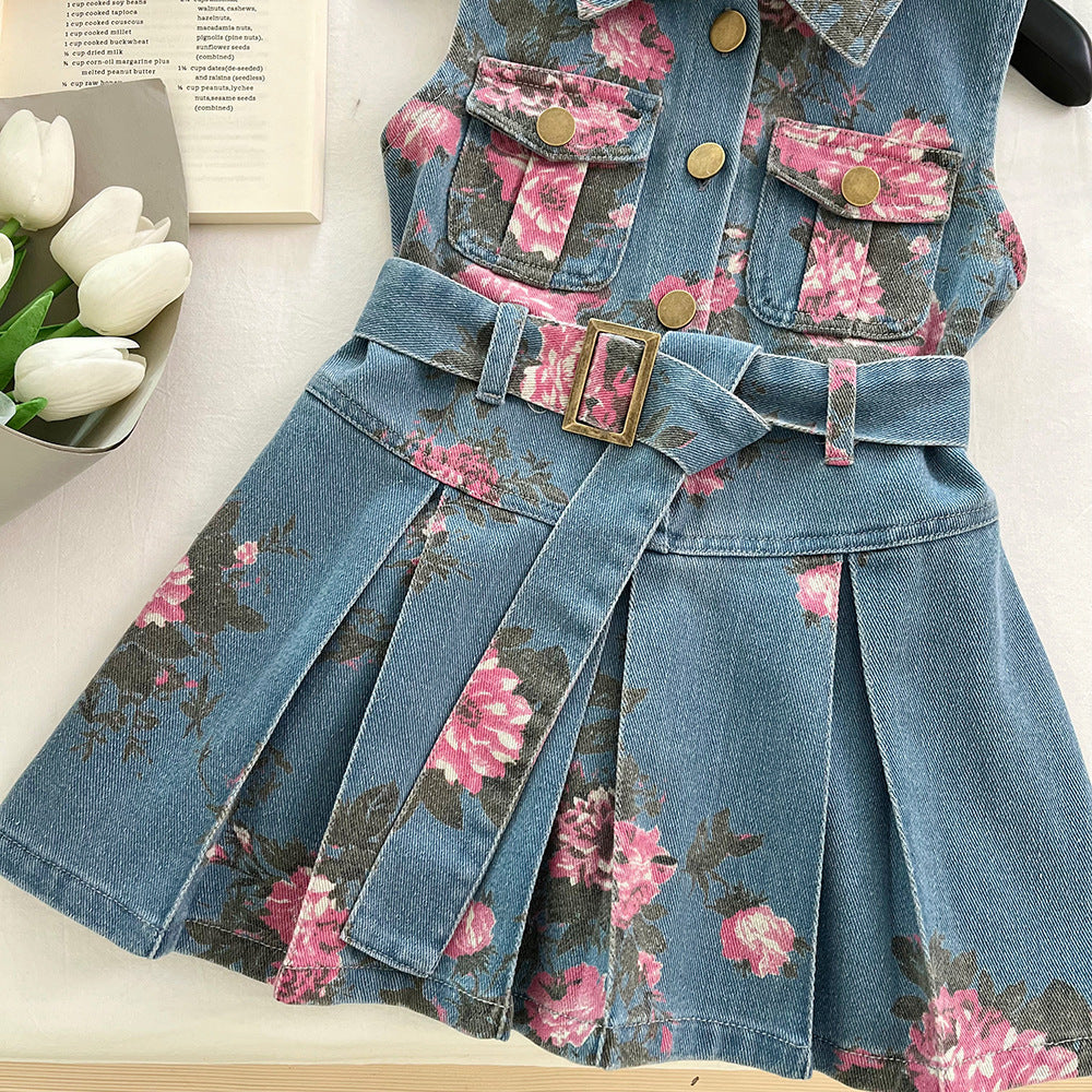 Girl's Sleeveless Floral Print Denim Dress