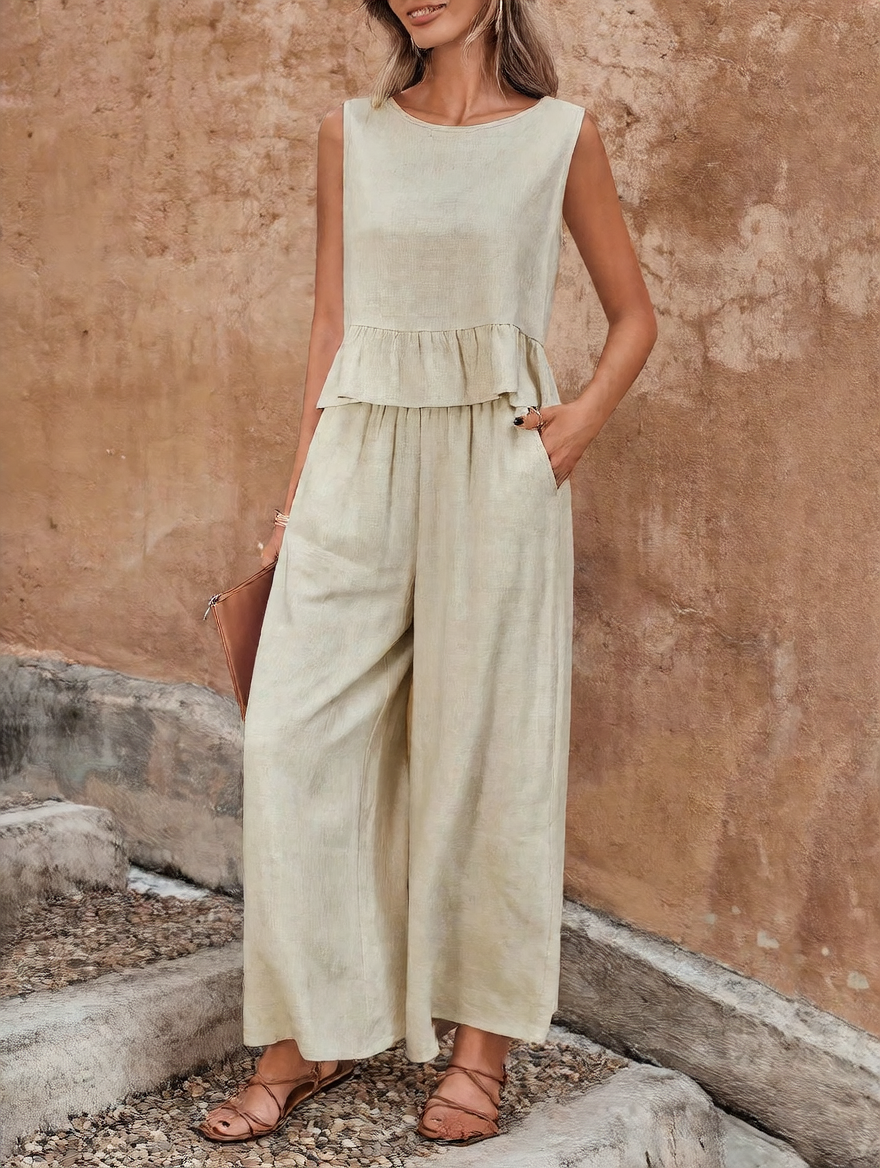 Sleeveless pleated vest casual set