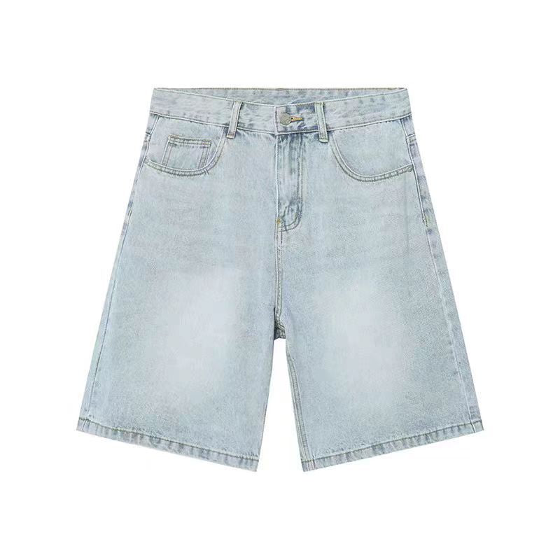 Distressed blue denim shorts