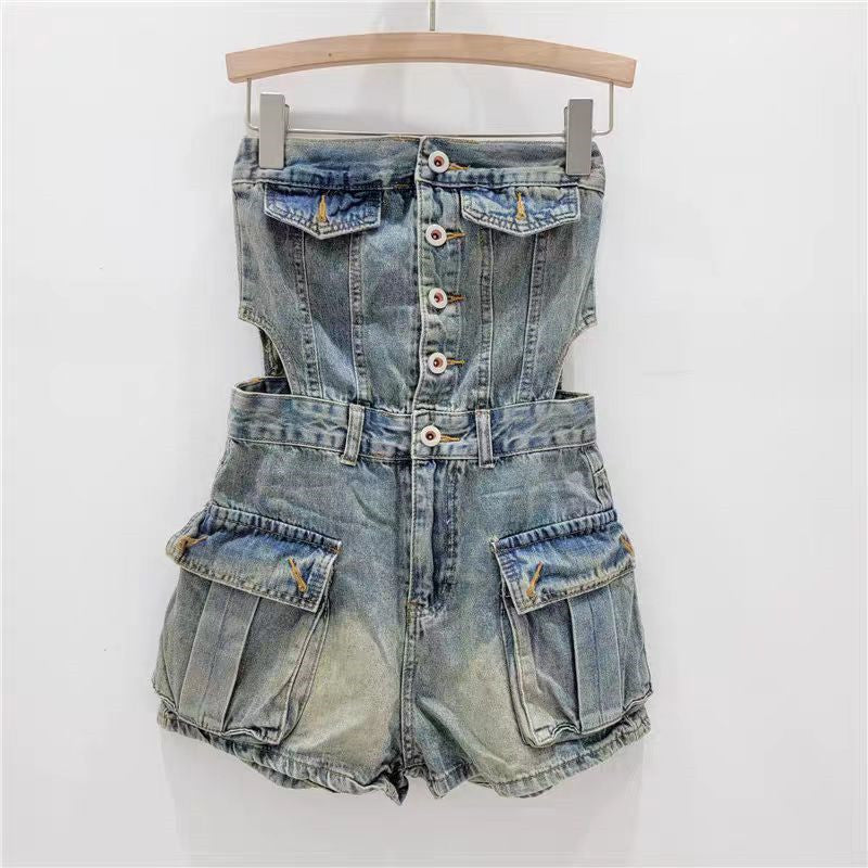Button-Up Denim Shortalls