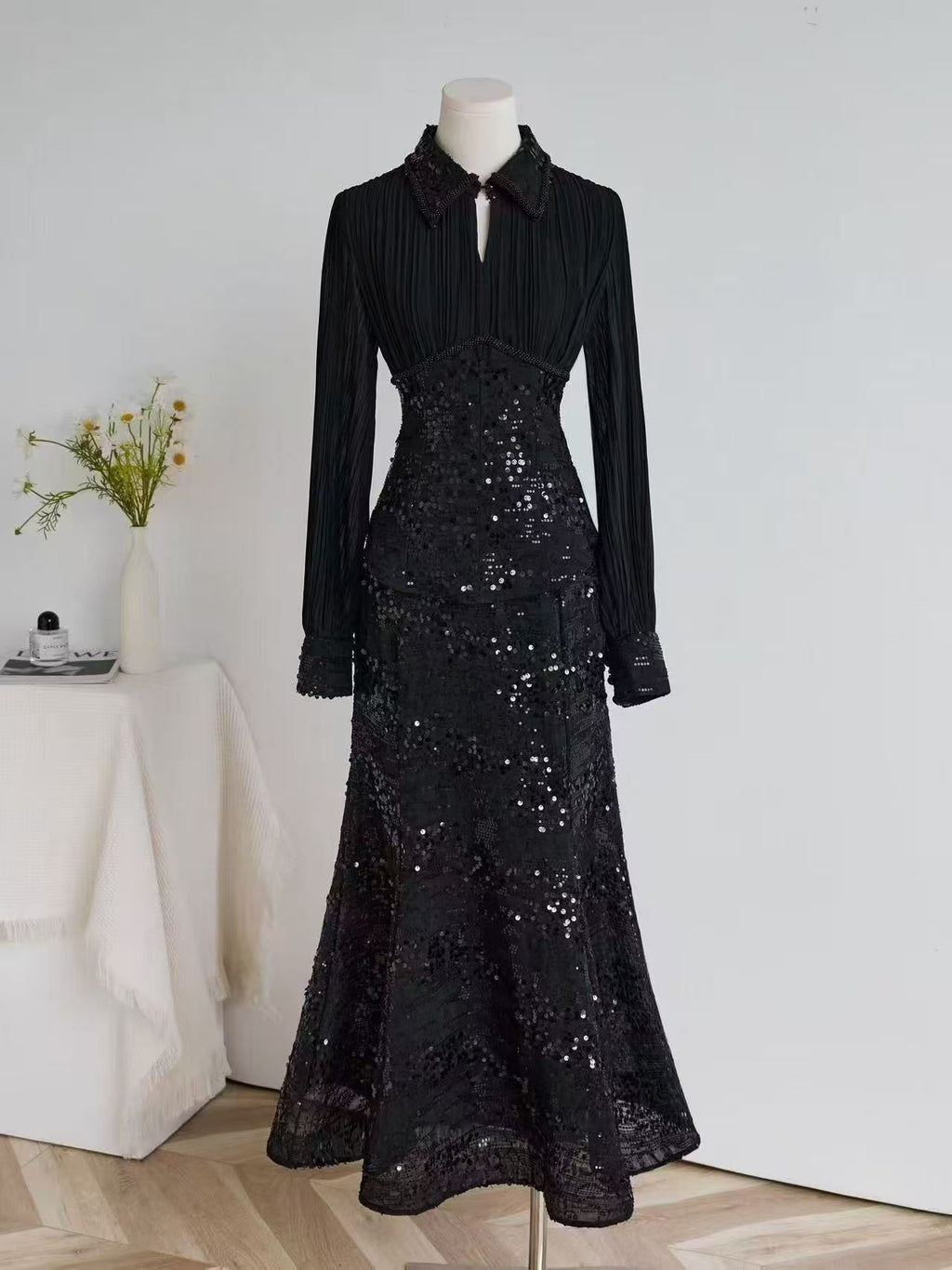 Spliced Shirt and Sequined Fishtail Skirt Set