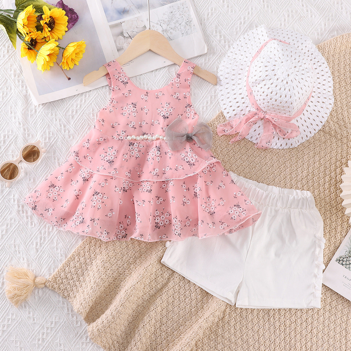Girls' Floral Bow Pearl Chiffon Suspender Set with Hat