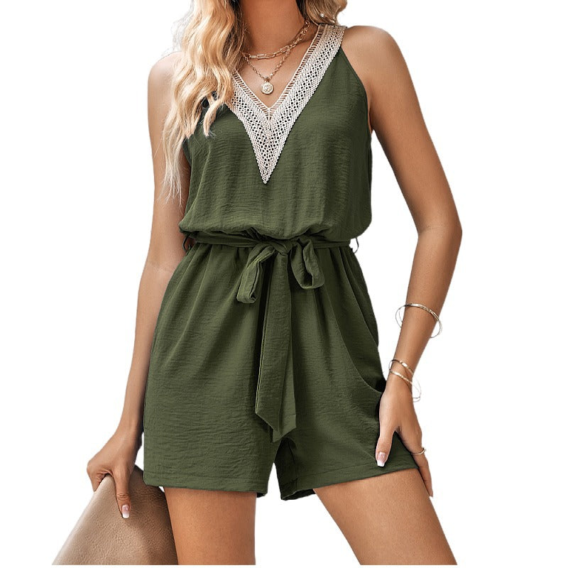 Women's Casual Lace V-neck Sleeveless Jumpsuit